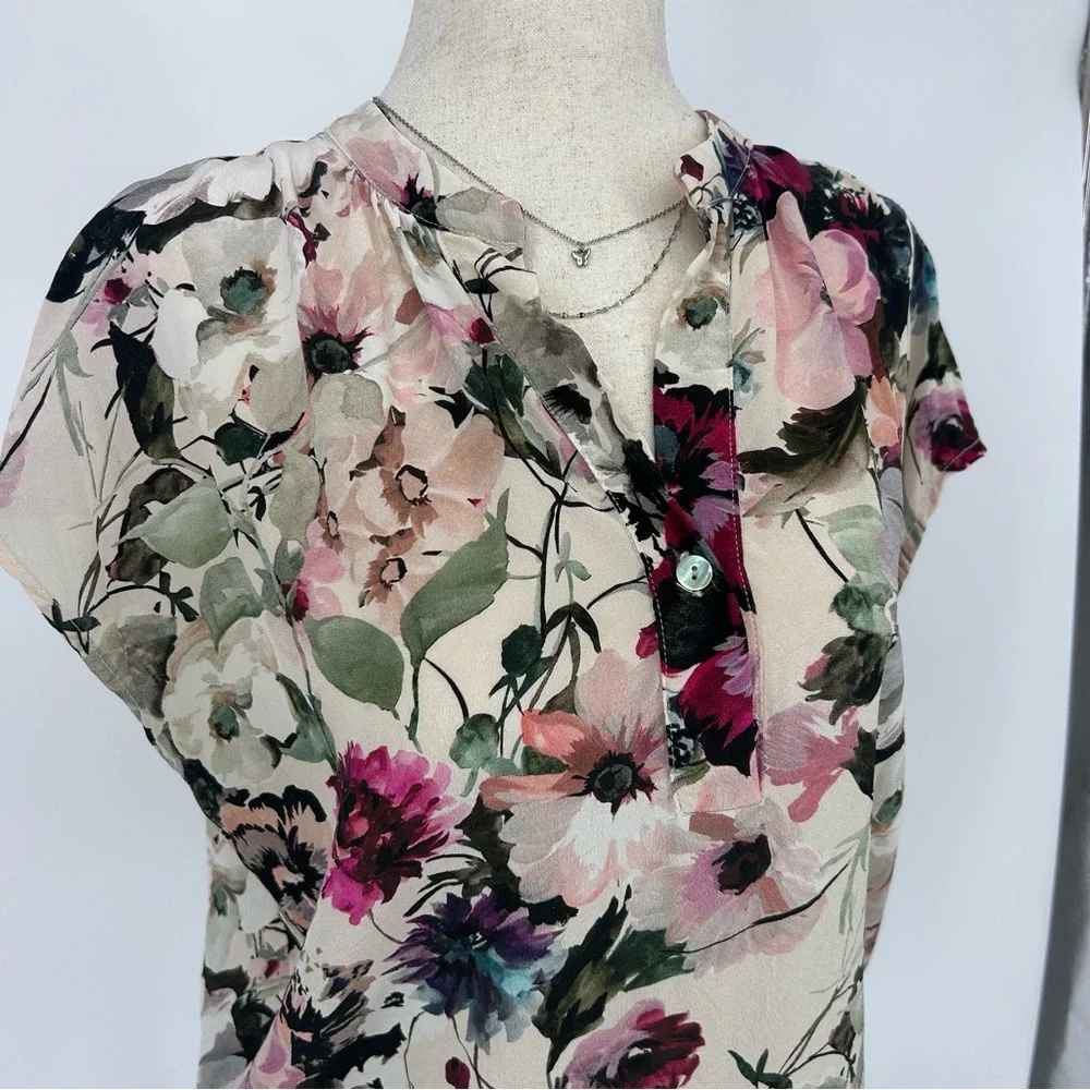 Silk Floral Blouse Cottagecore Romantic Top Sheer Femme Amour Vert XS - Picture 3 of 7